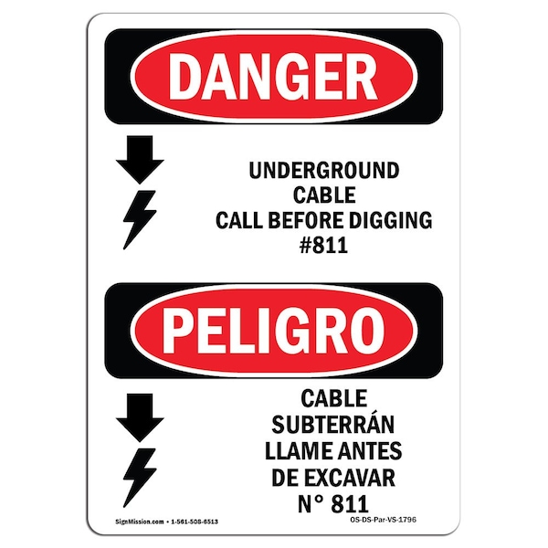 Signmission OSHA Danger, Underground Cable Call No. 811 Bilingual, 14" X 10" Plastic, OS-DS-P-1014-VS-1796 OS-DS-P-1014-VS-1796 - main